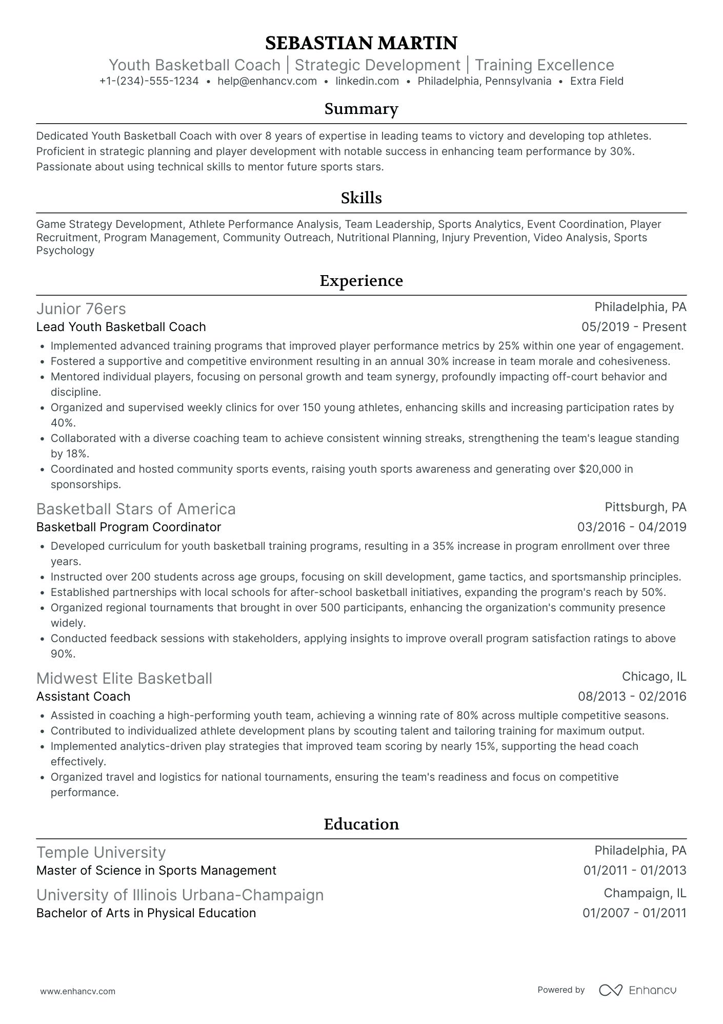 Youth Basketball Coach Resume Example