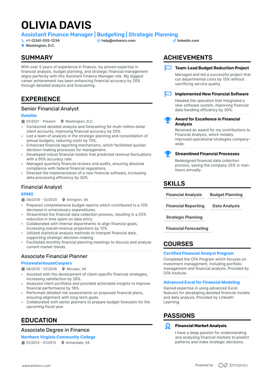 Assistant Finance Manager Resume Example