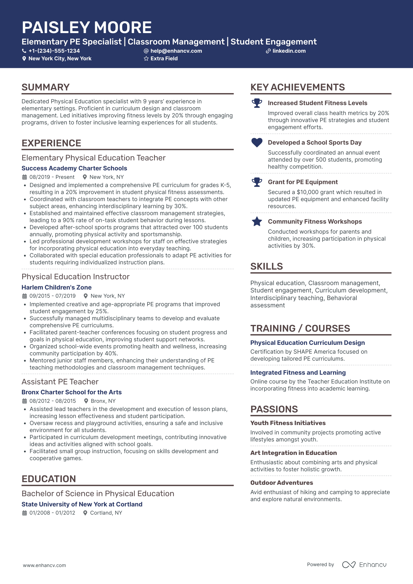 Early Childhood Physical Education Teacher Resume Example