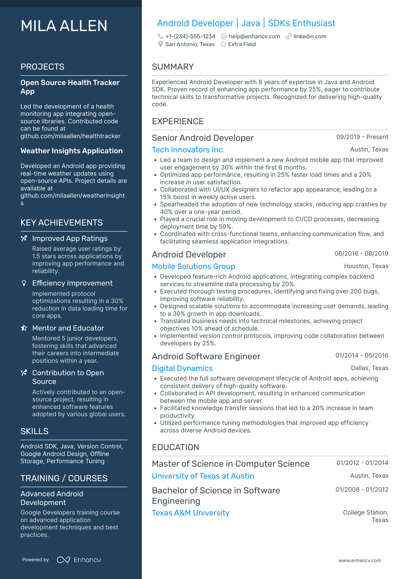 Android Developer Consultant Resume Example