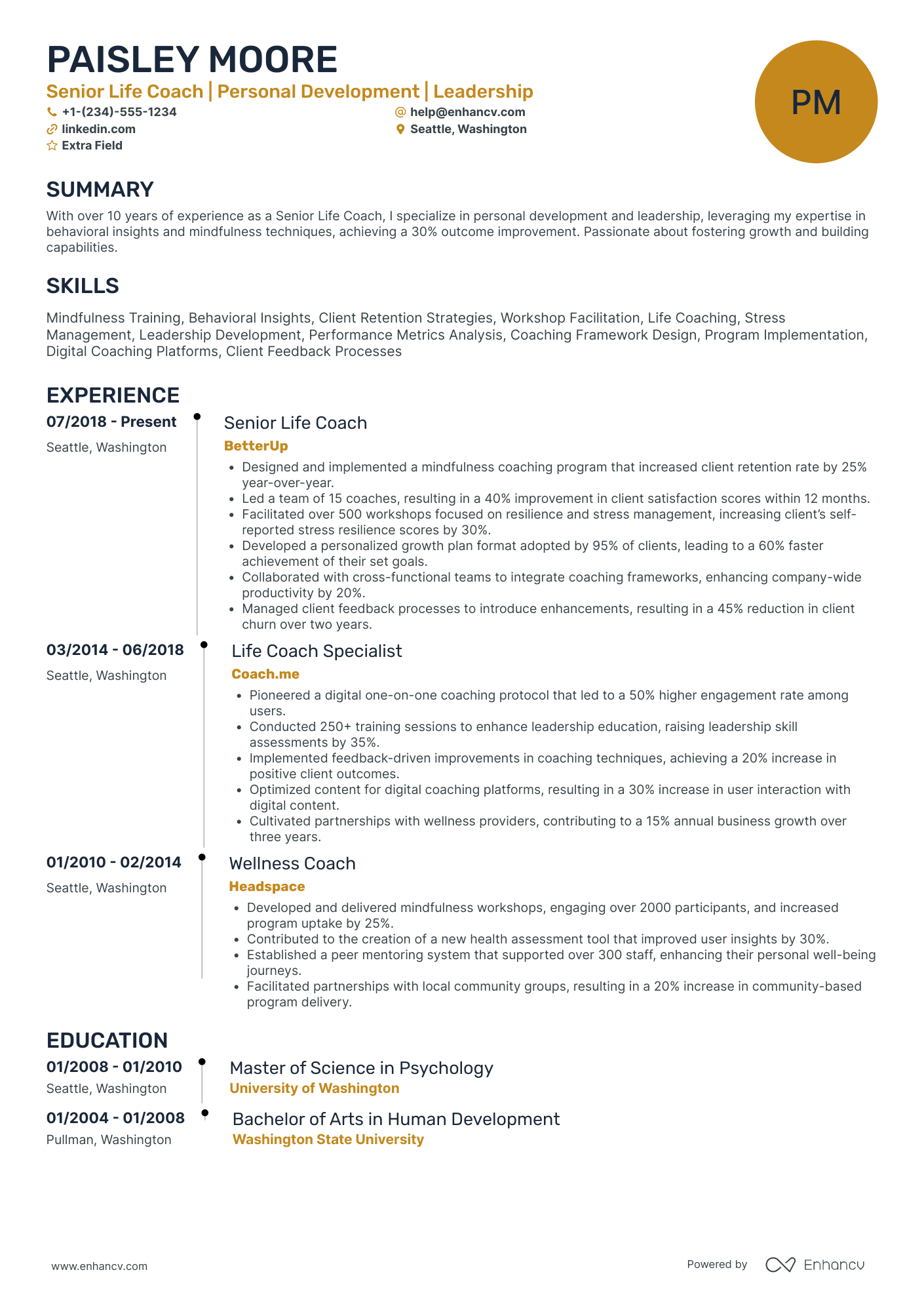 Senior Life Coach Resume Example