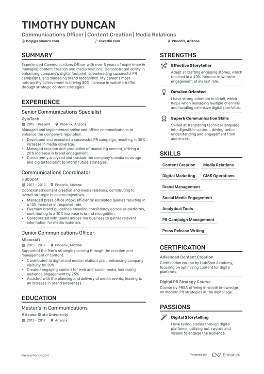 Communications Officer Resume Example