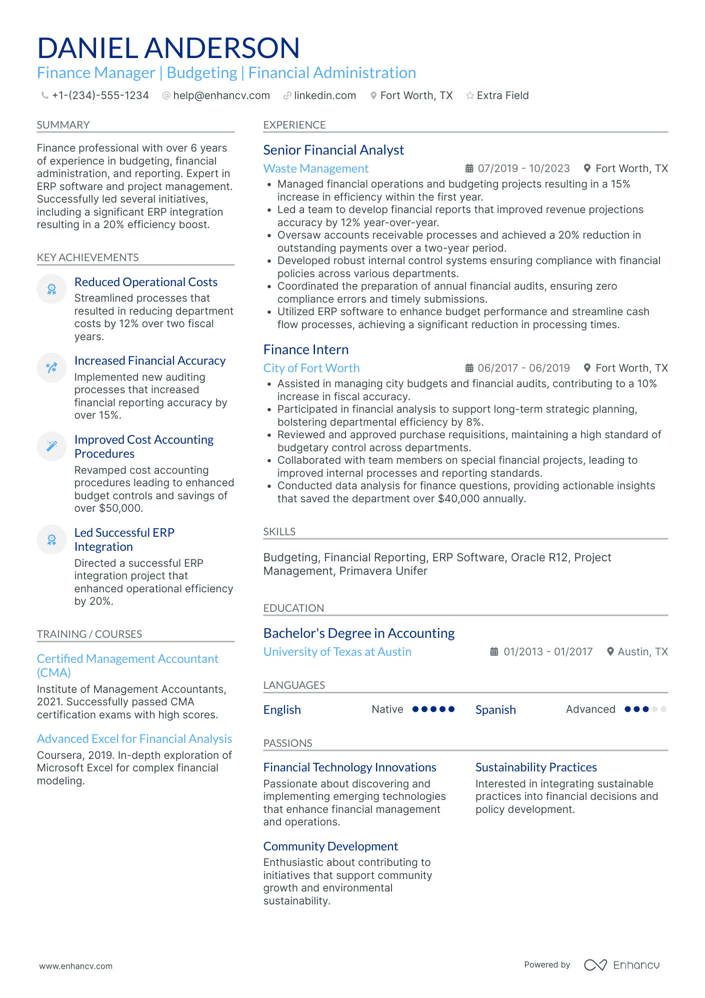 Junior Finance Manager Resume Example