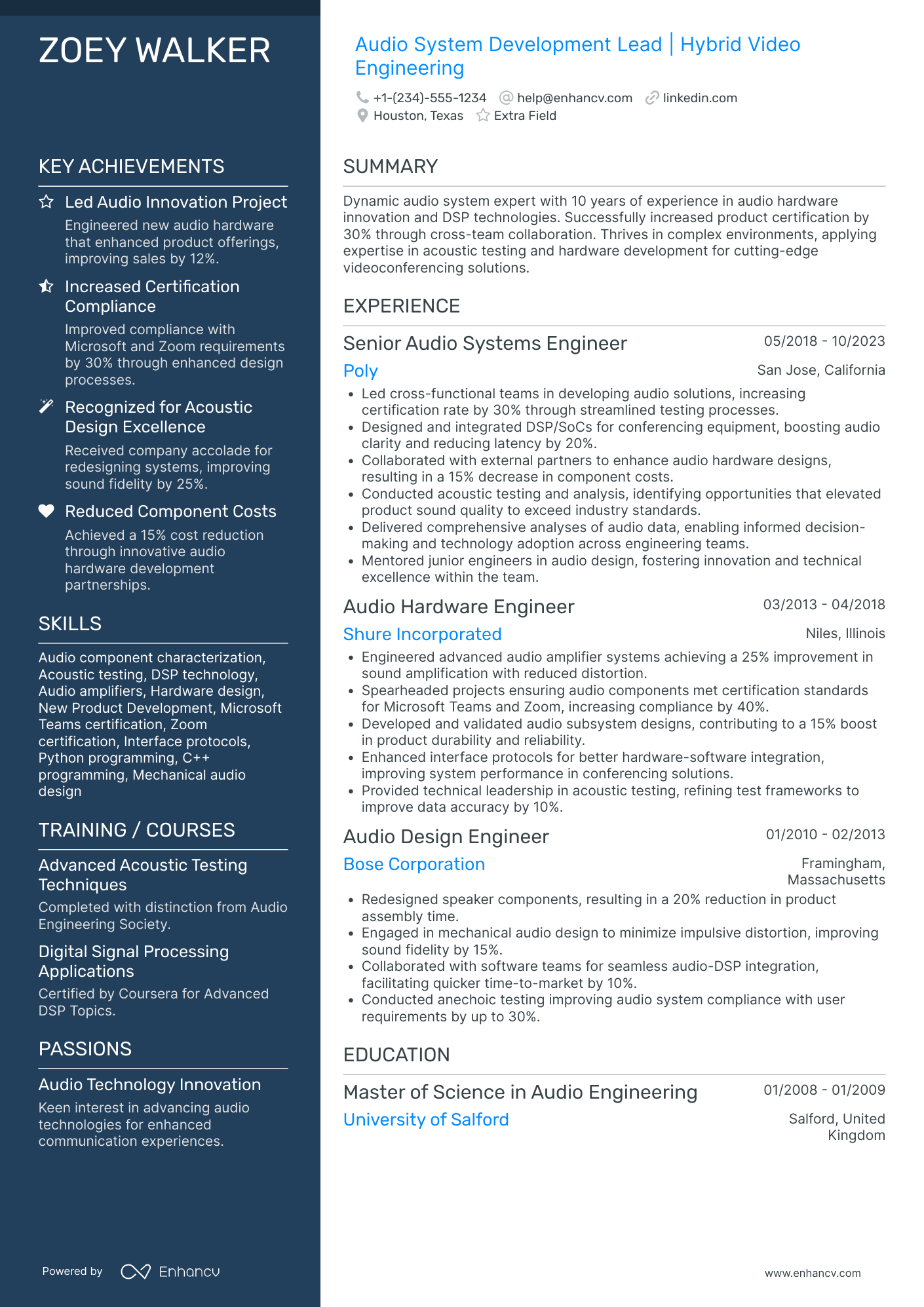 Senior Audio Engineer Resume Example