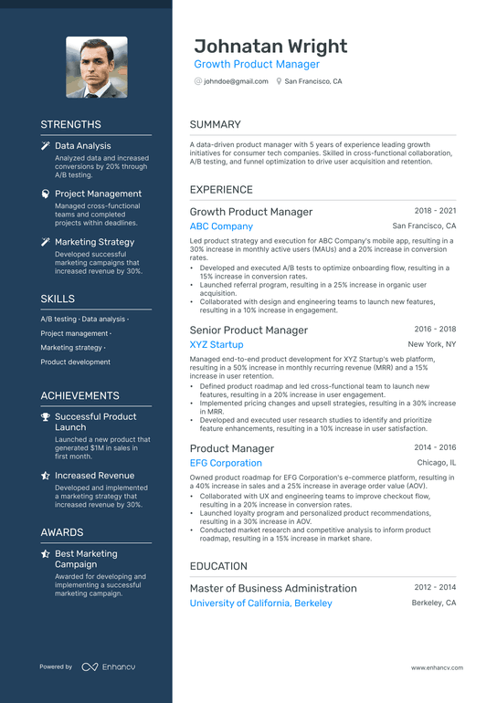 Growth Product Manager Resume Example