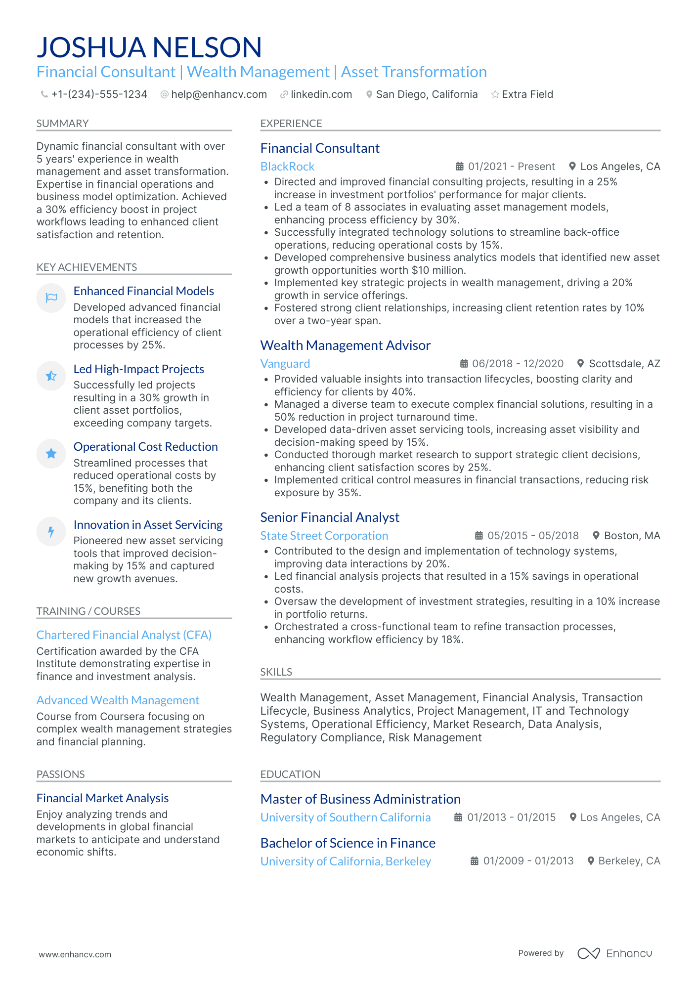 PwC Senior Financial Advisor Resume Example