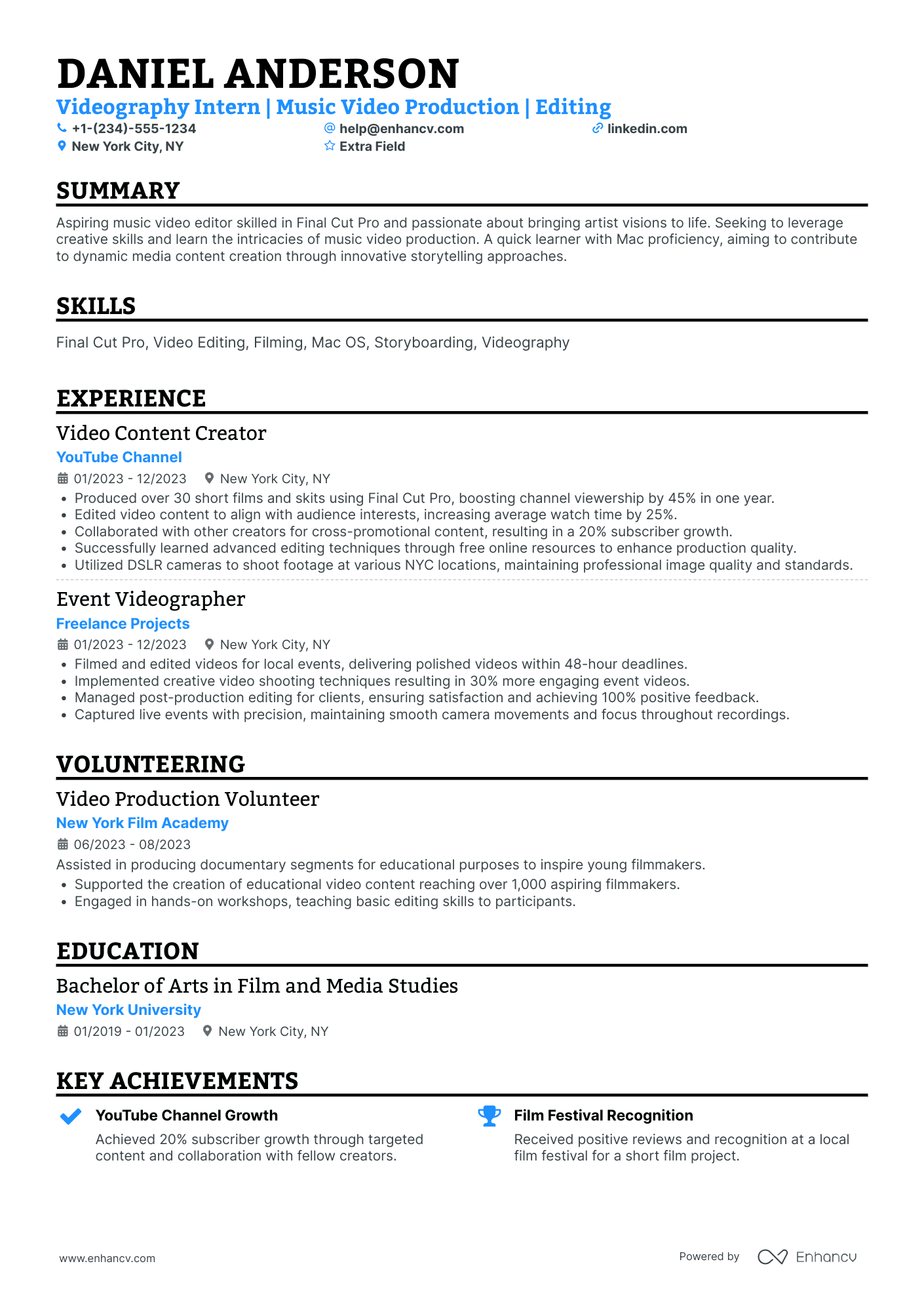 Cinematographer Intern Resume Example