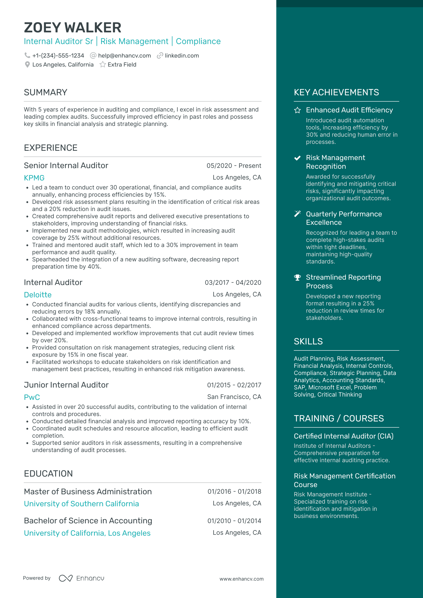 Internal Auditor Resume Example