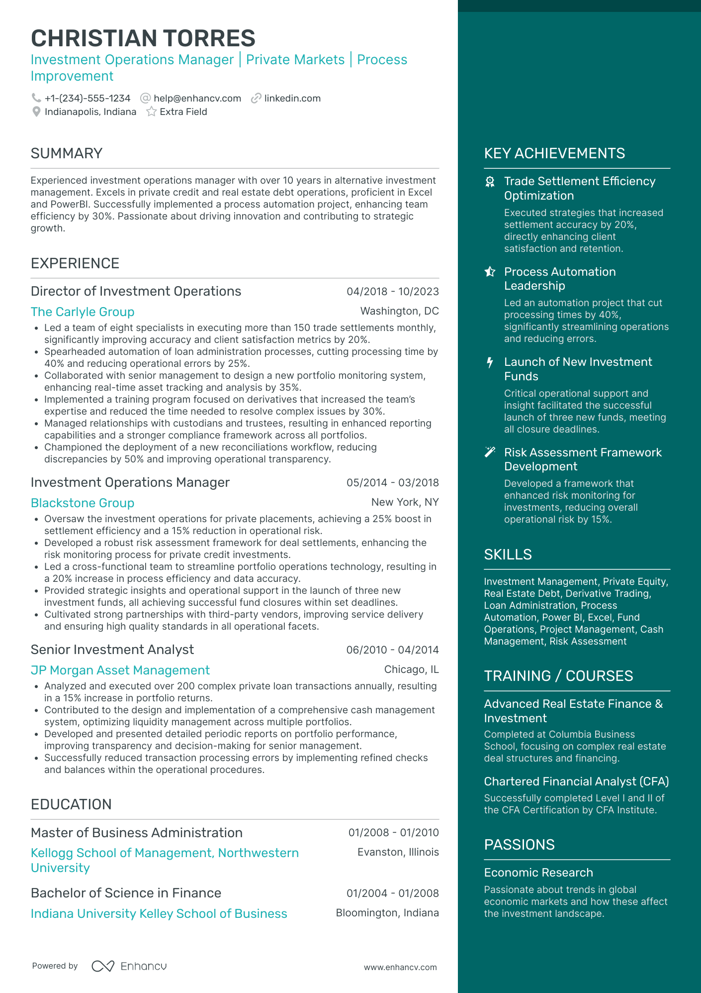 Investment Operations Manager Resume Example