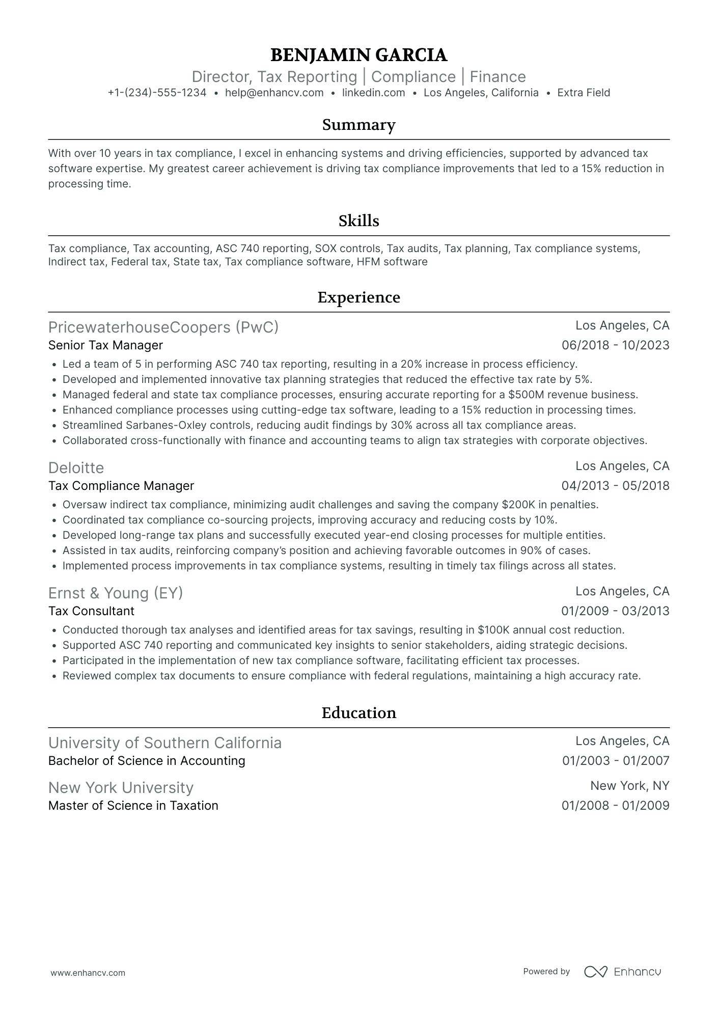 Tax Reporting Manager Resume Example