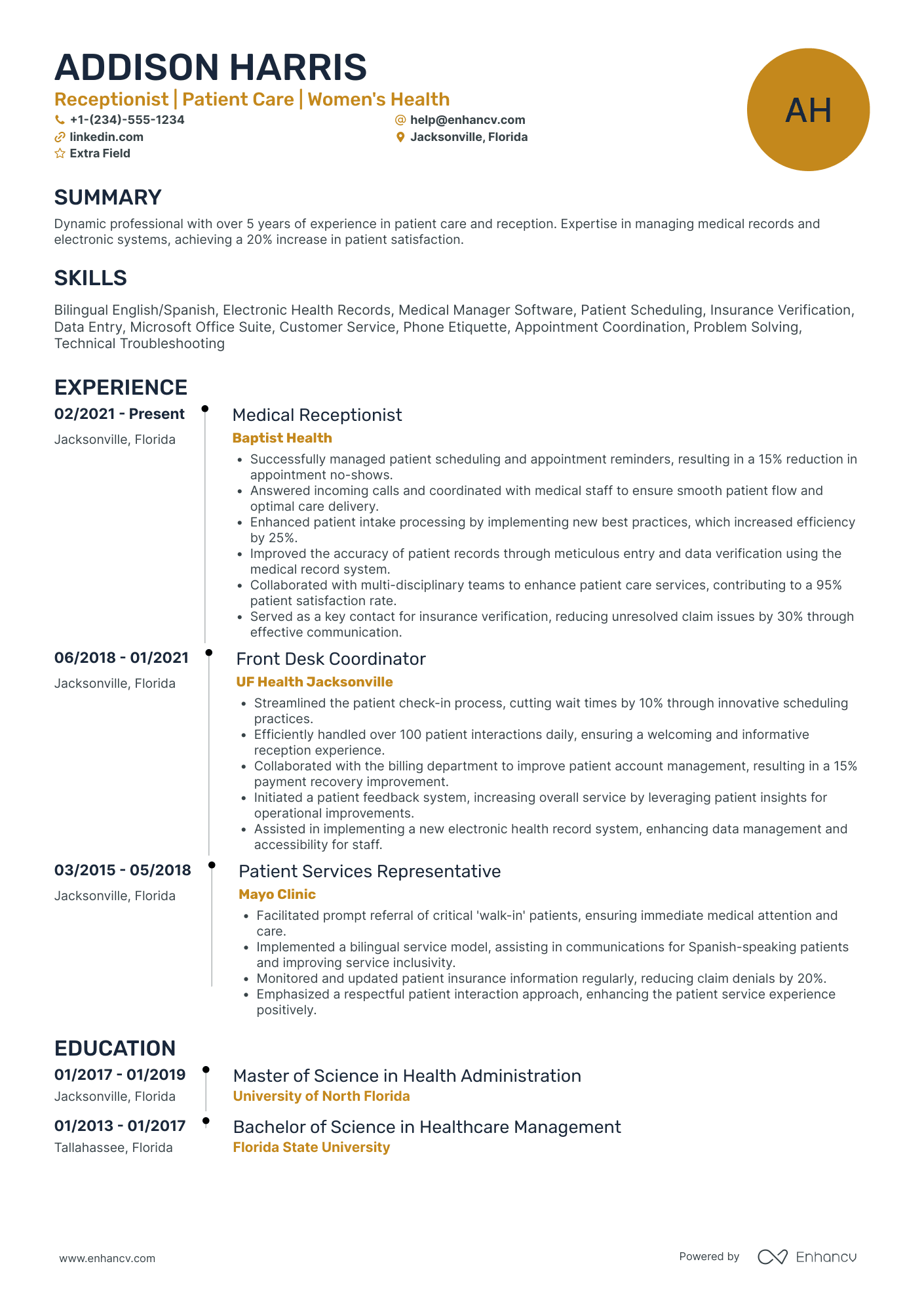 Bilingual Medical Receptionist Resume Example