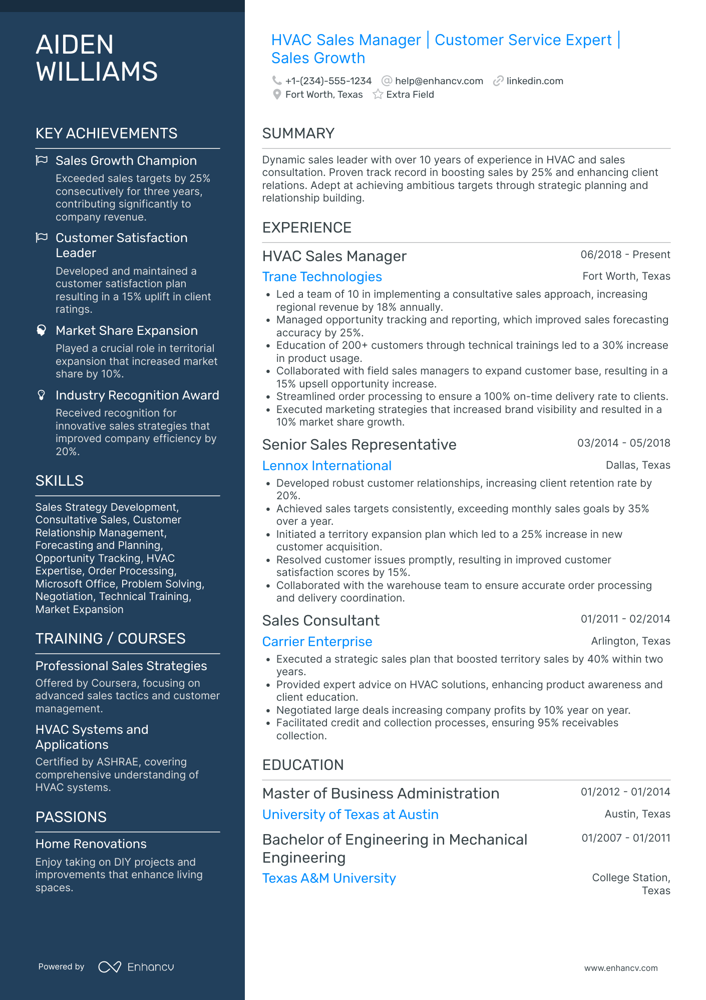 HVAC Sales Representative Resume Example