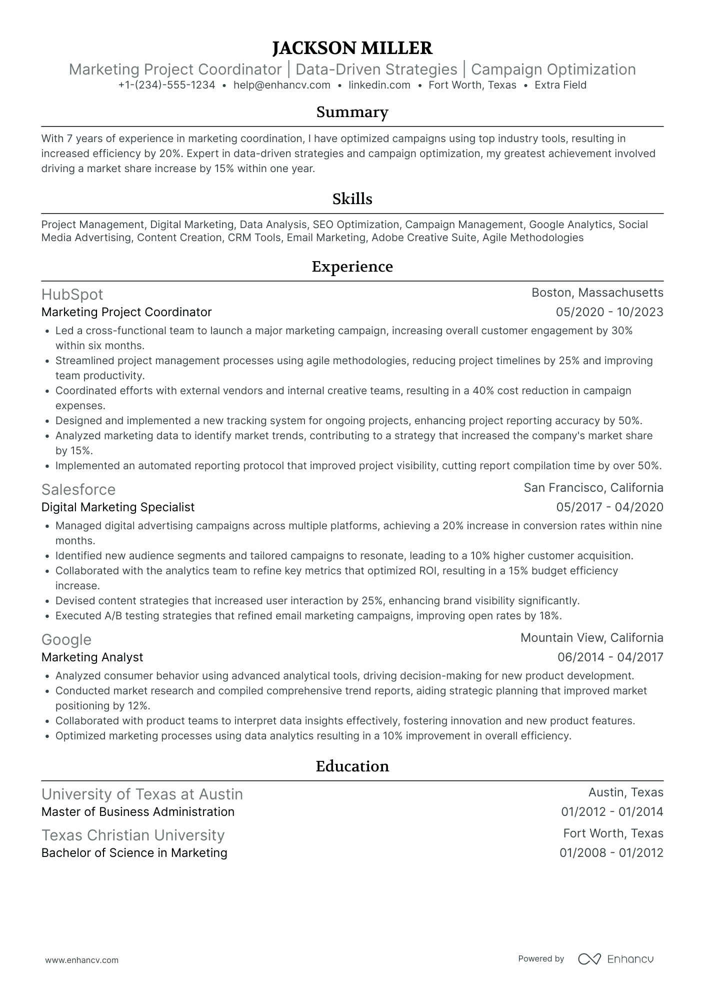 Marketing Project Coordinator Resume Example