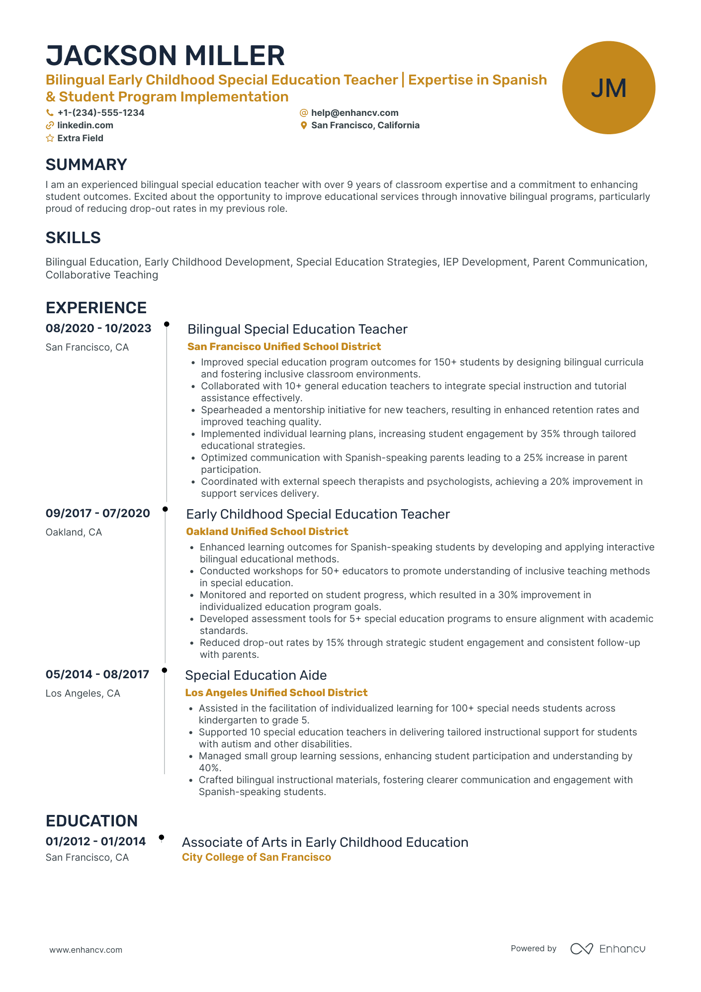 Early Childhood Bilingual Teacher Resume Example