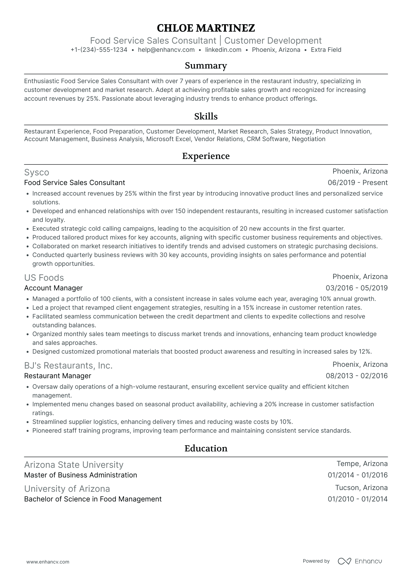 Food Service Consultant Resume Example