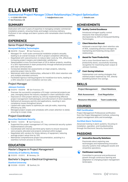 Commercial Project Manager Resume Example
