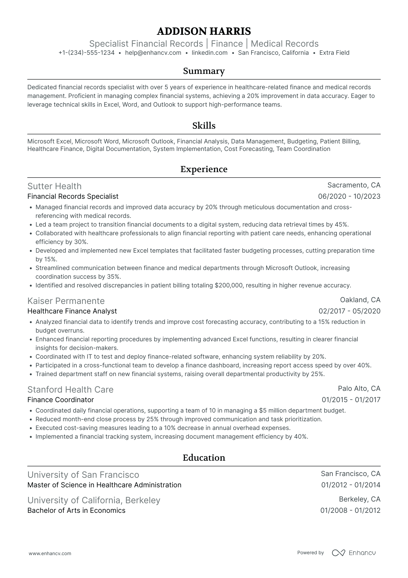 Healthcare Finance Specialist Resume Example