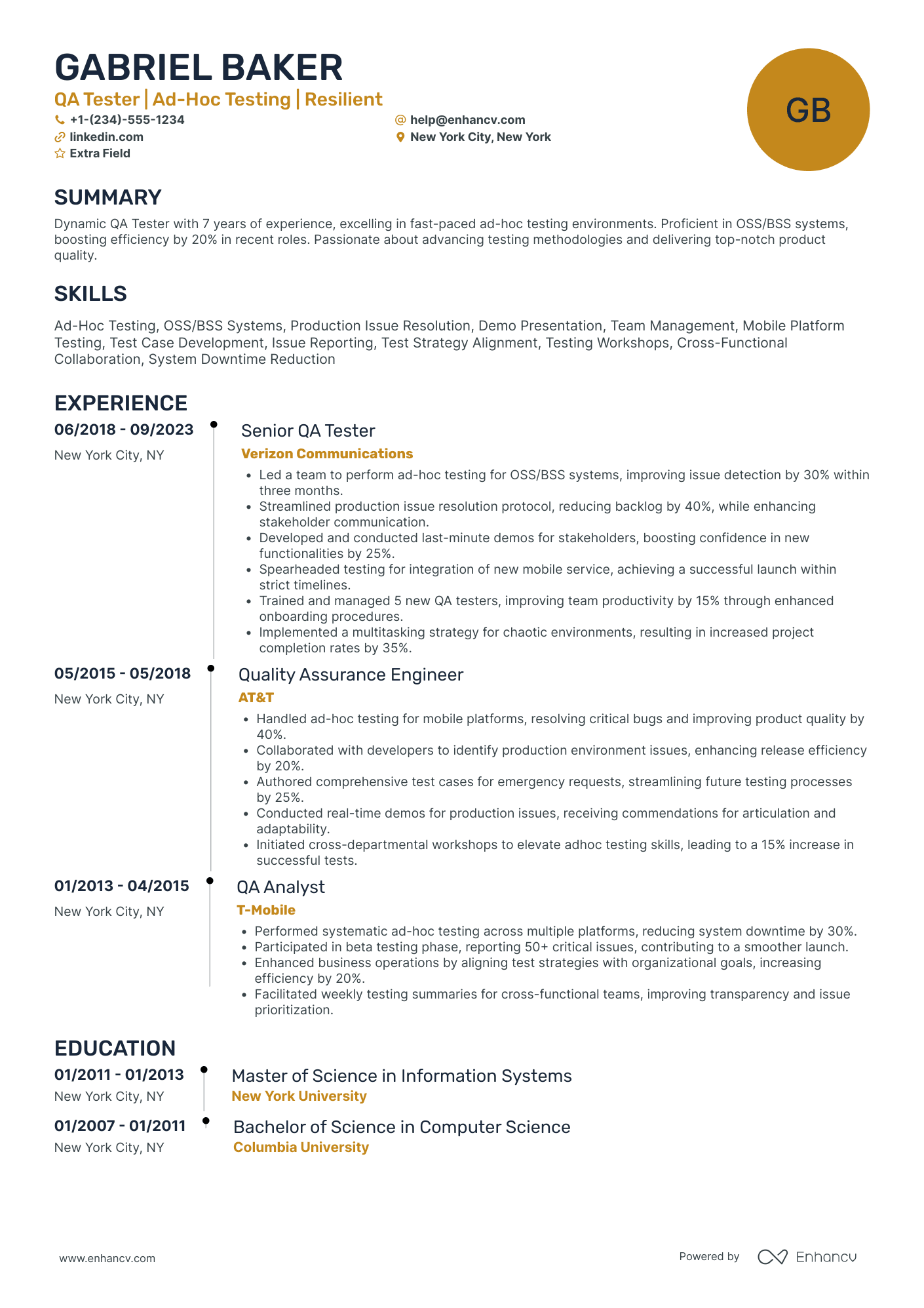 Entry Level QA Tester Resume Example