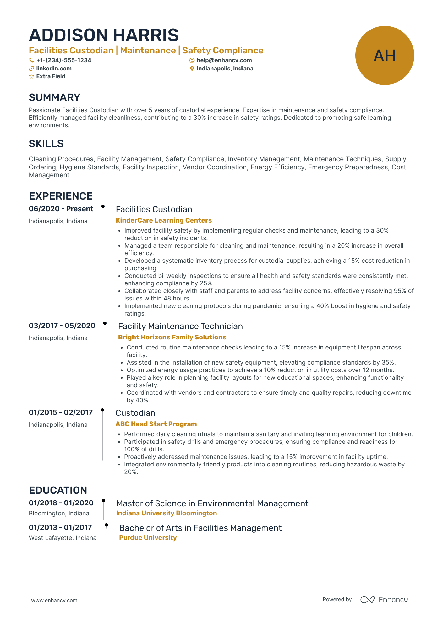 Facilities Custodian Resume Example