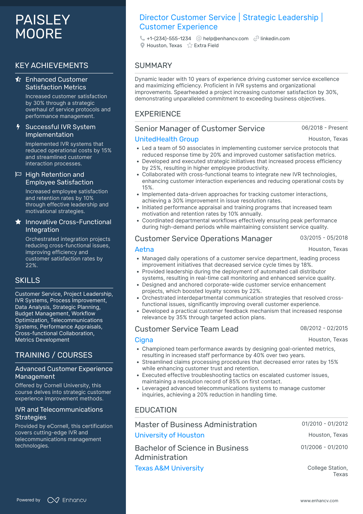 Director of Customer Service Resume Example