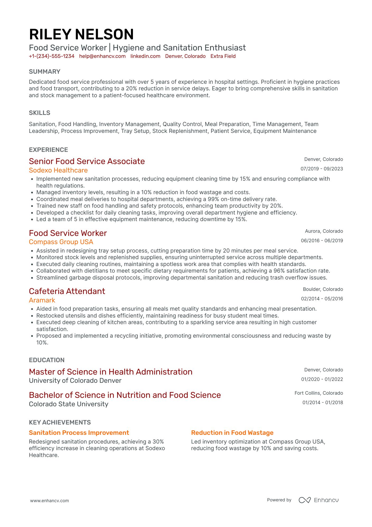 Entry Level Food Service Worker Resume Example