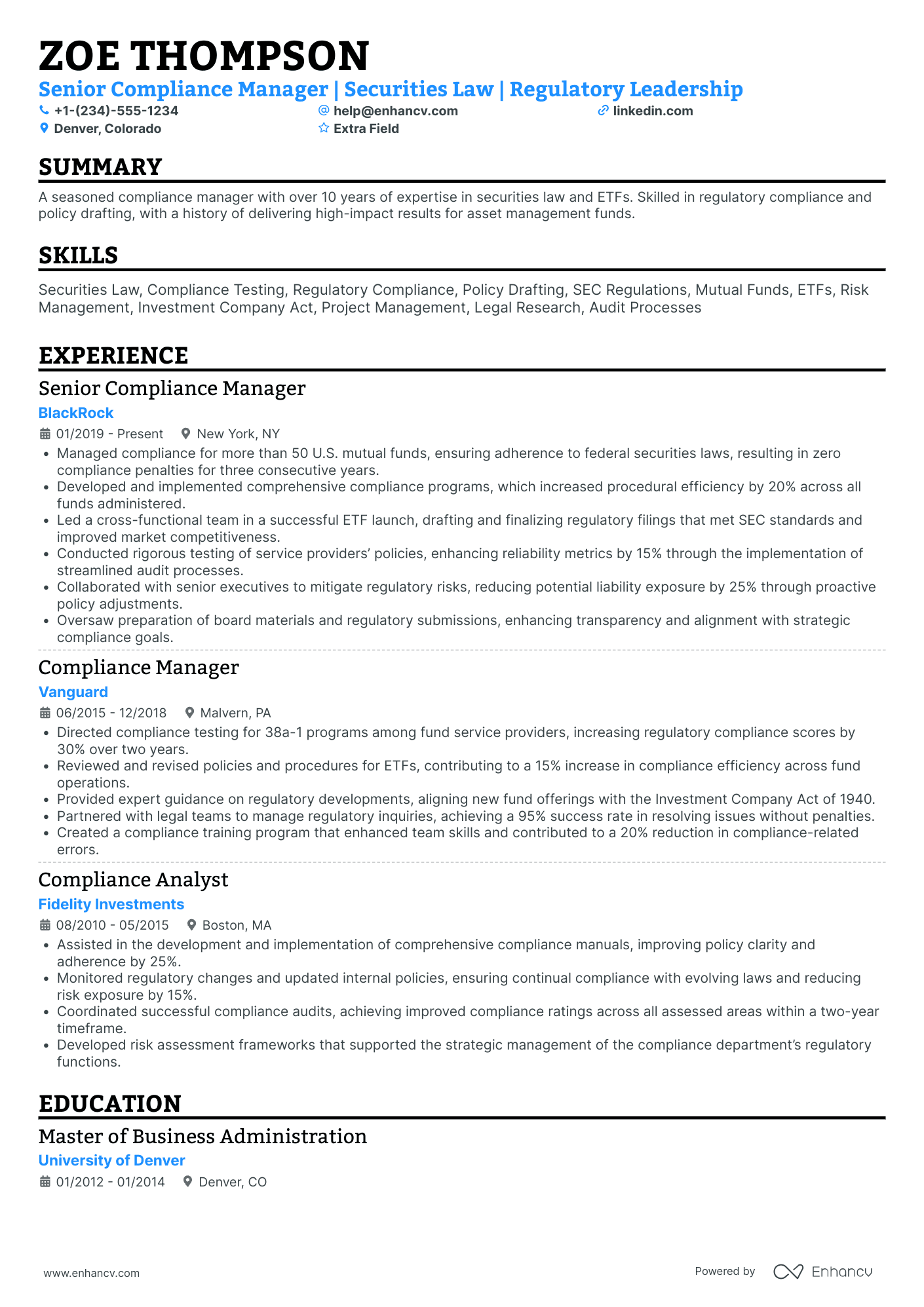 Senior Compliance Manager Resume Example