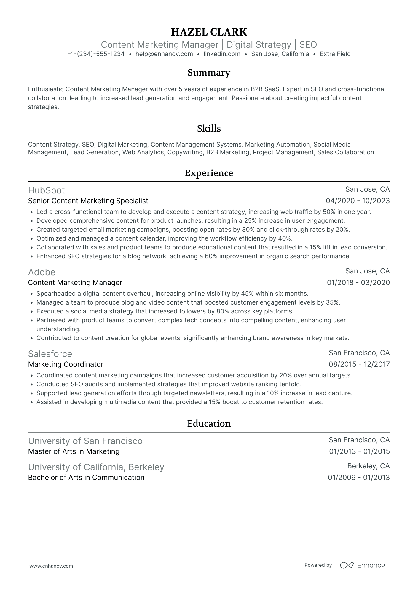 Content Marketing Manager Resume Example