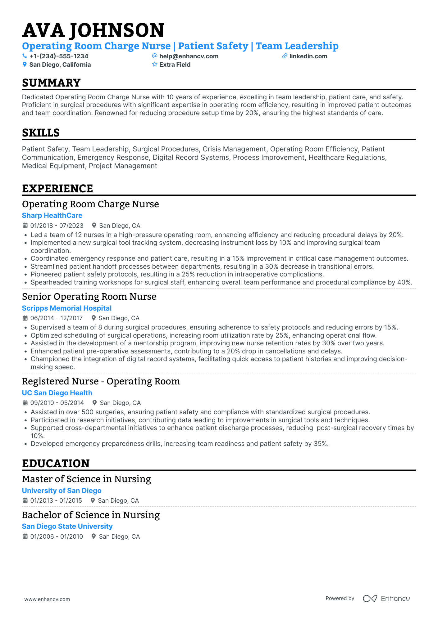 Operating Room Charge Nurse Resume Example