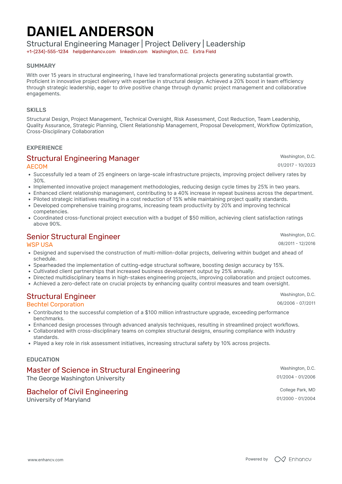 Structural Engineering Manager Resume Example