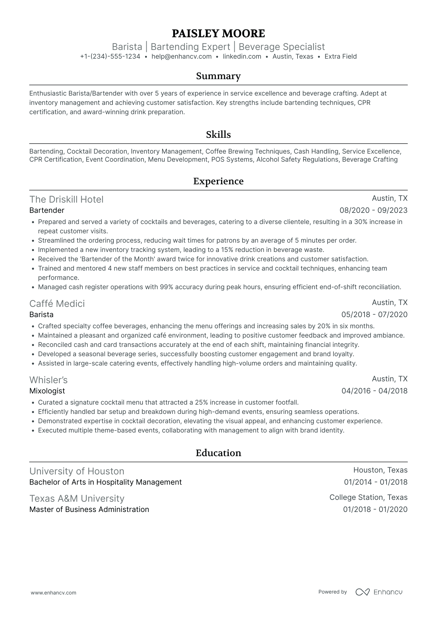 Barista and Bartender Resume Example