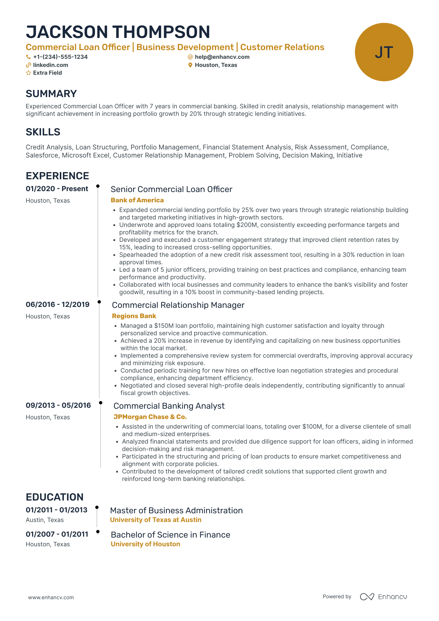 Commercial Loan Officer Resume Example