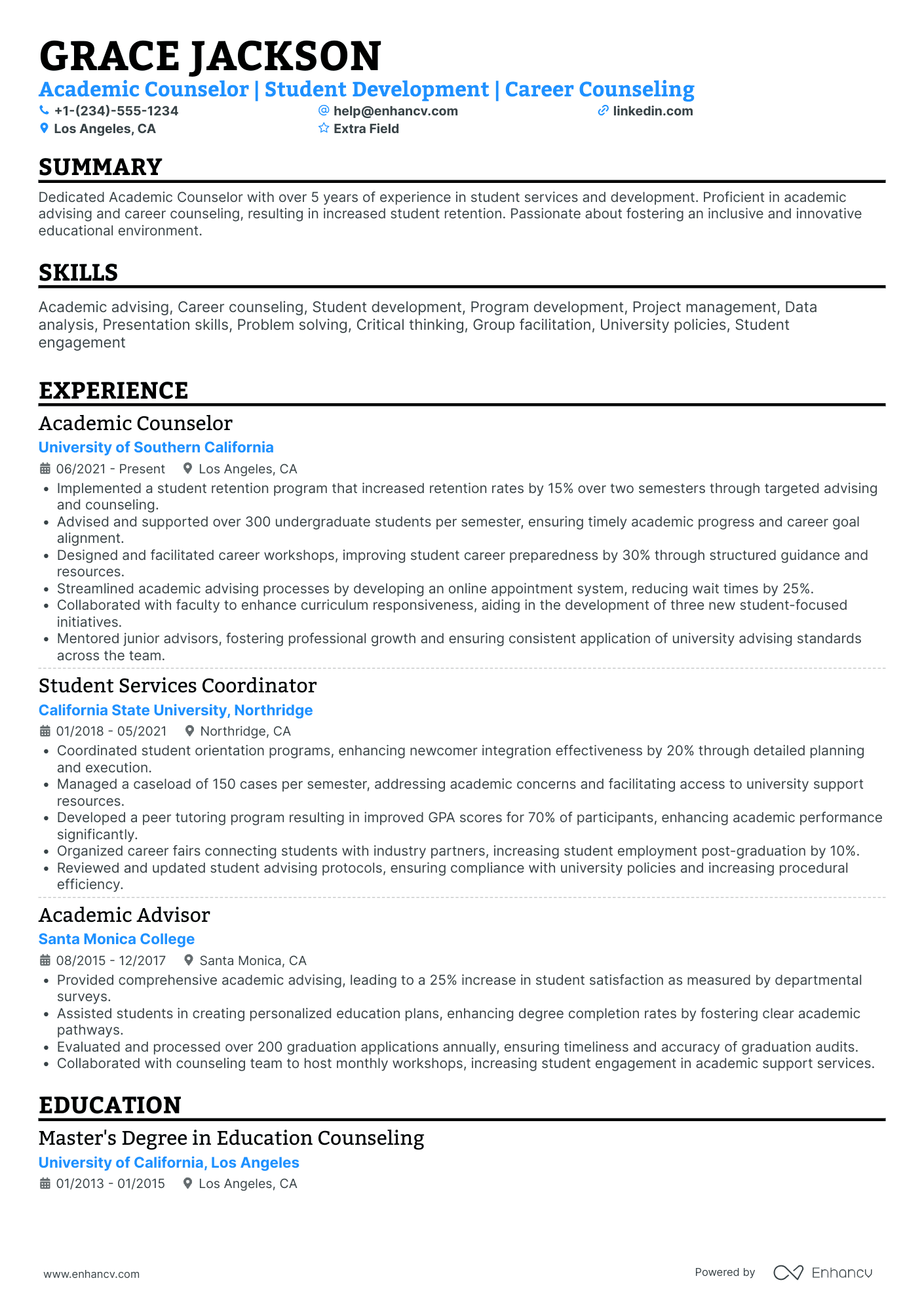 Academic Counselor Resume Example