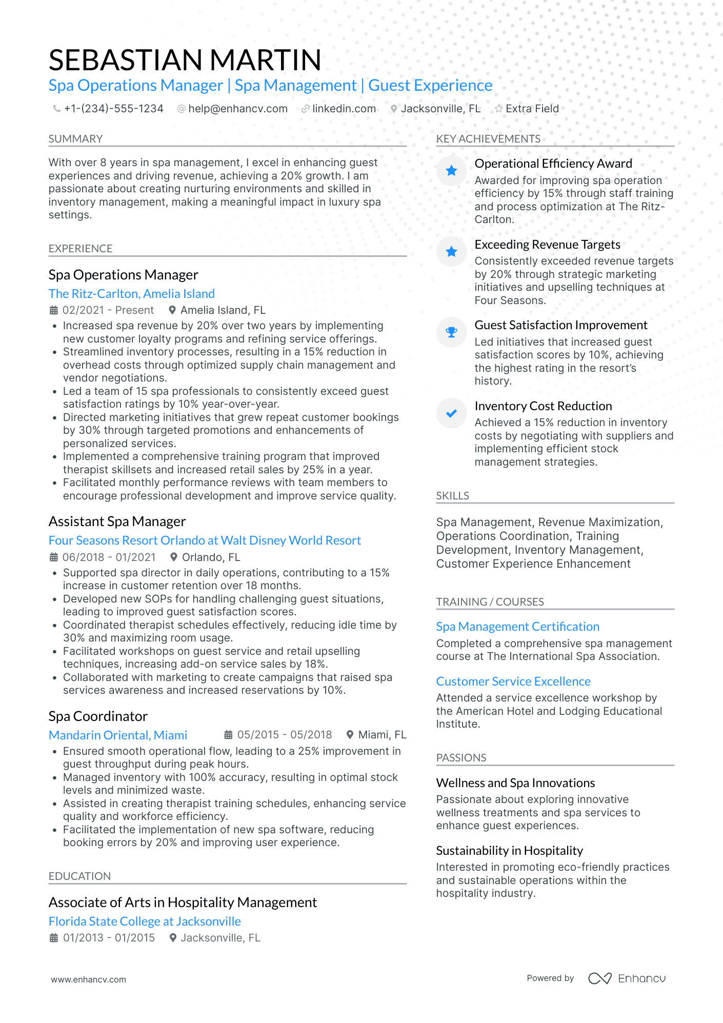 Spa Operations Manager Resume Example