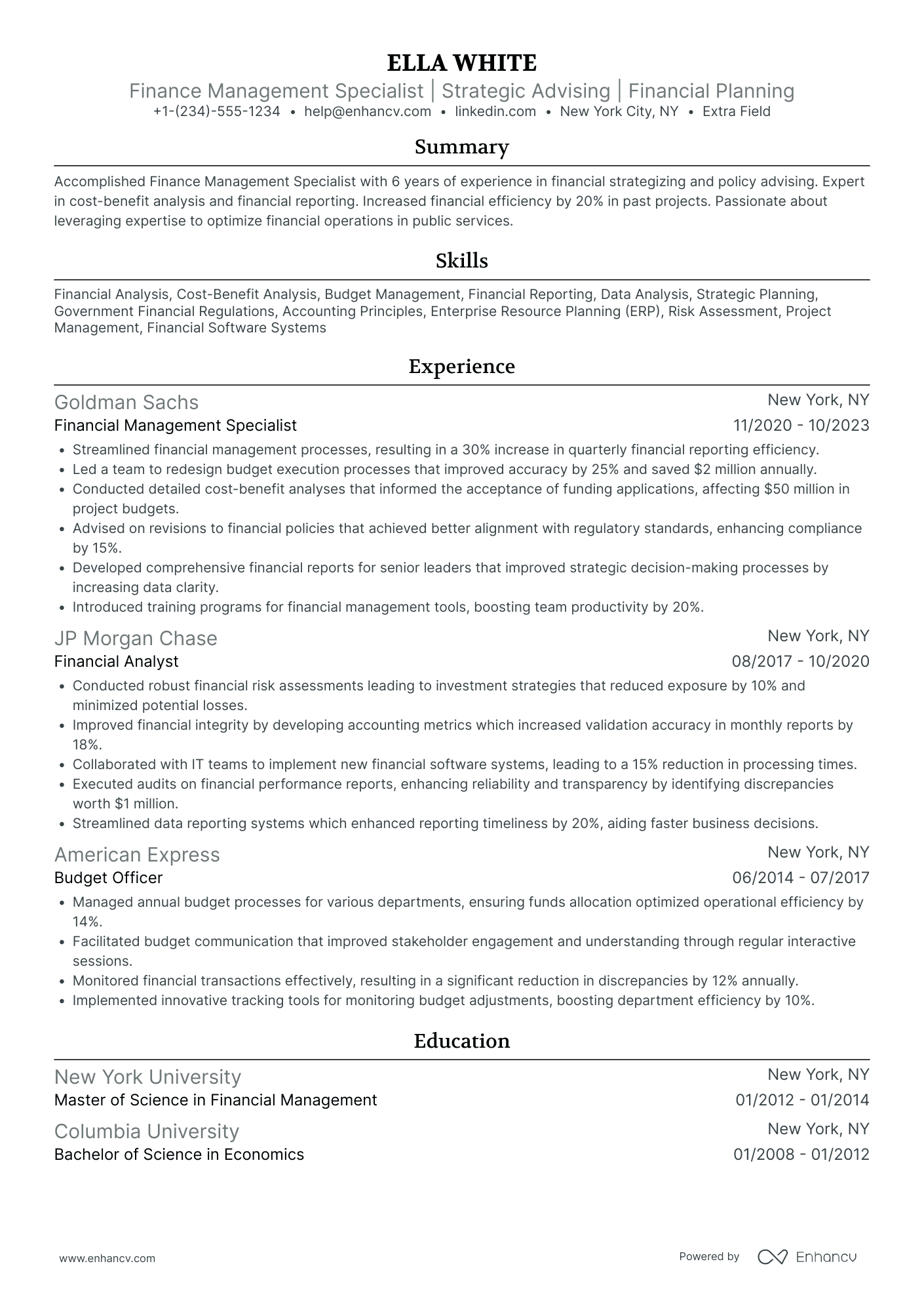 Senior Finance Specialist Resume Example