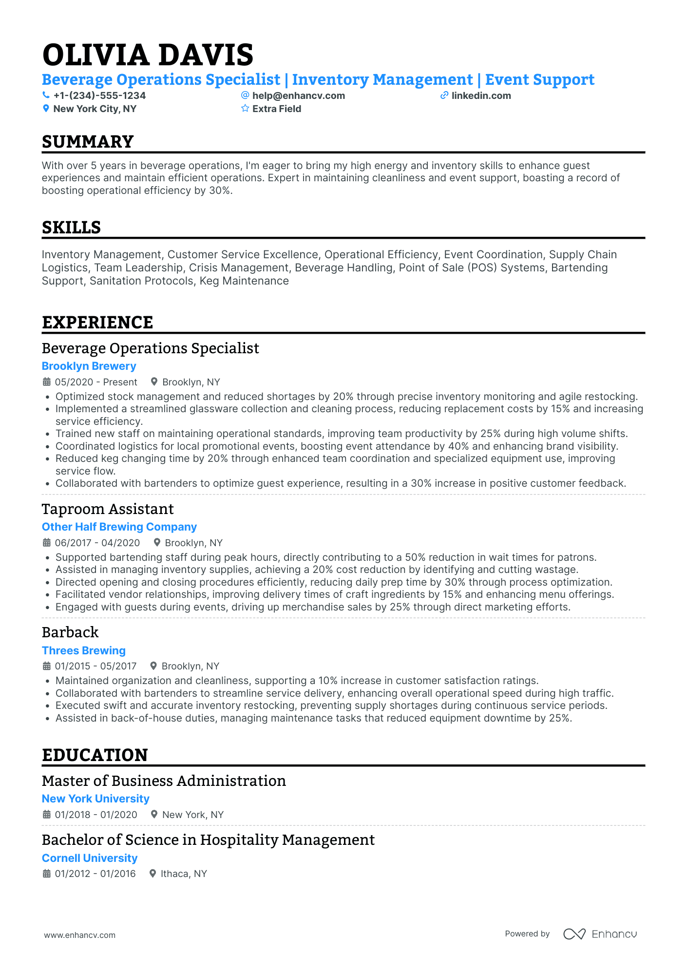 Head Barback Resume Example