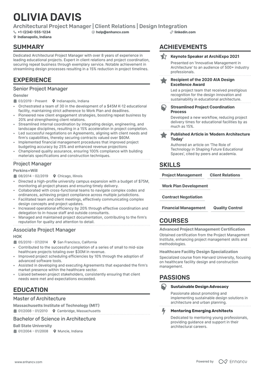 Architectural Project Manager Resume Example
