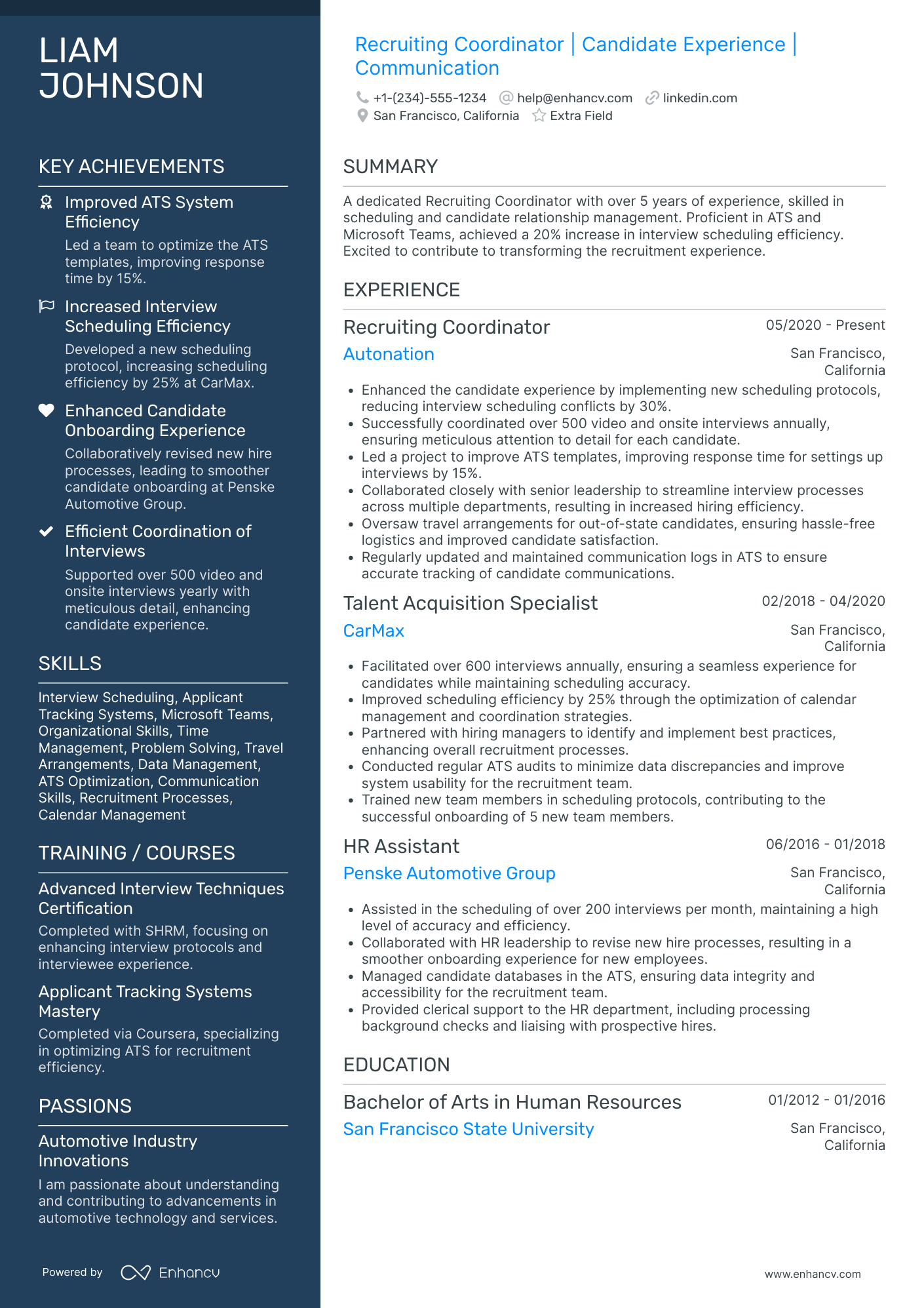 Senior Recruiting Coordinator Resume Example