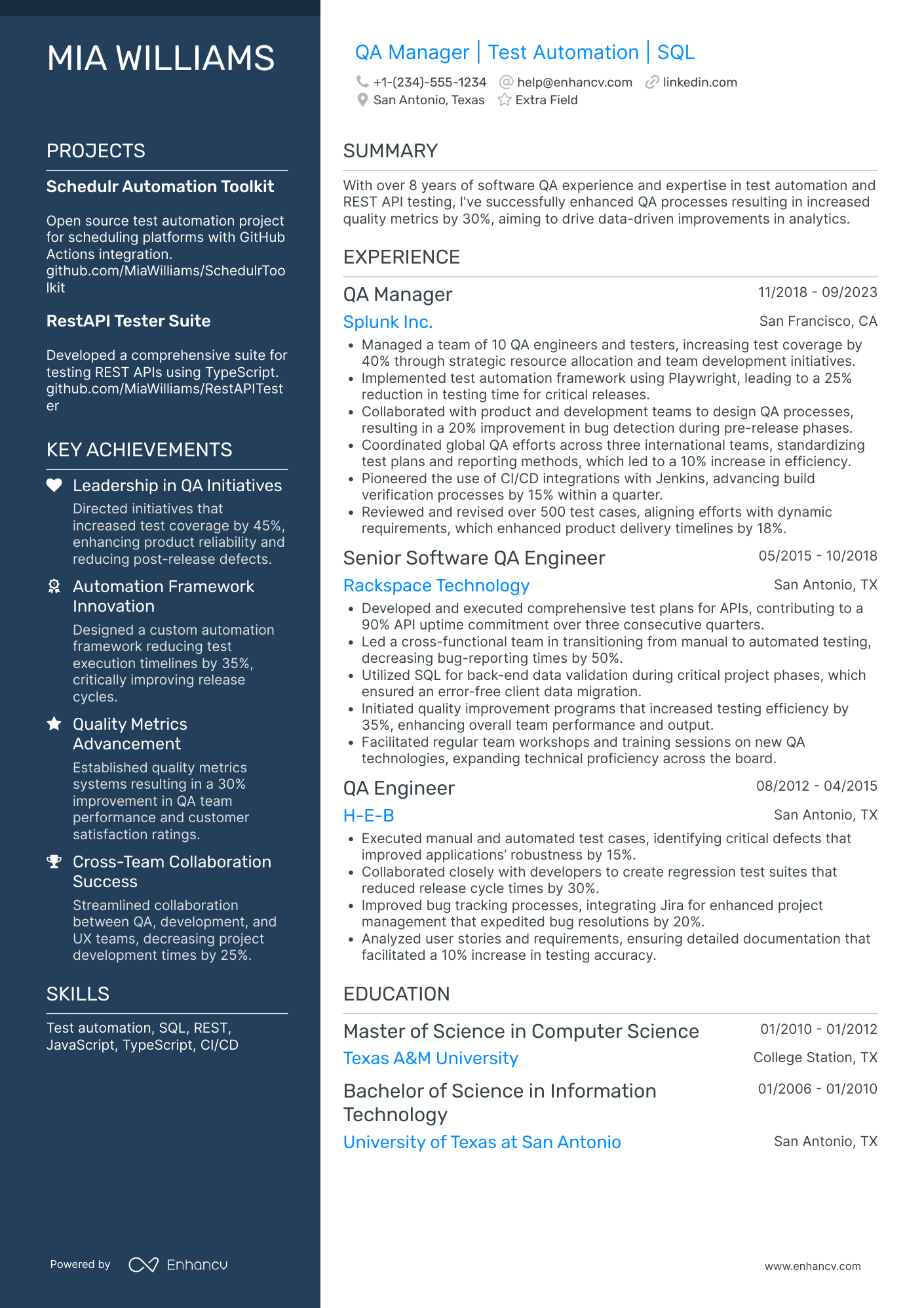 QA Tester Manager Resume Example