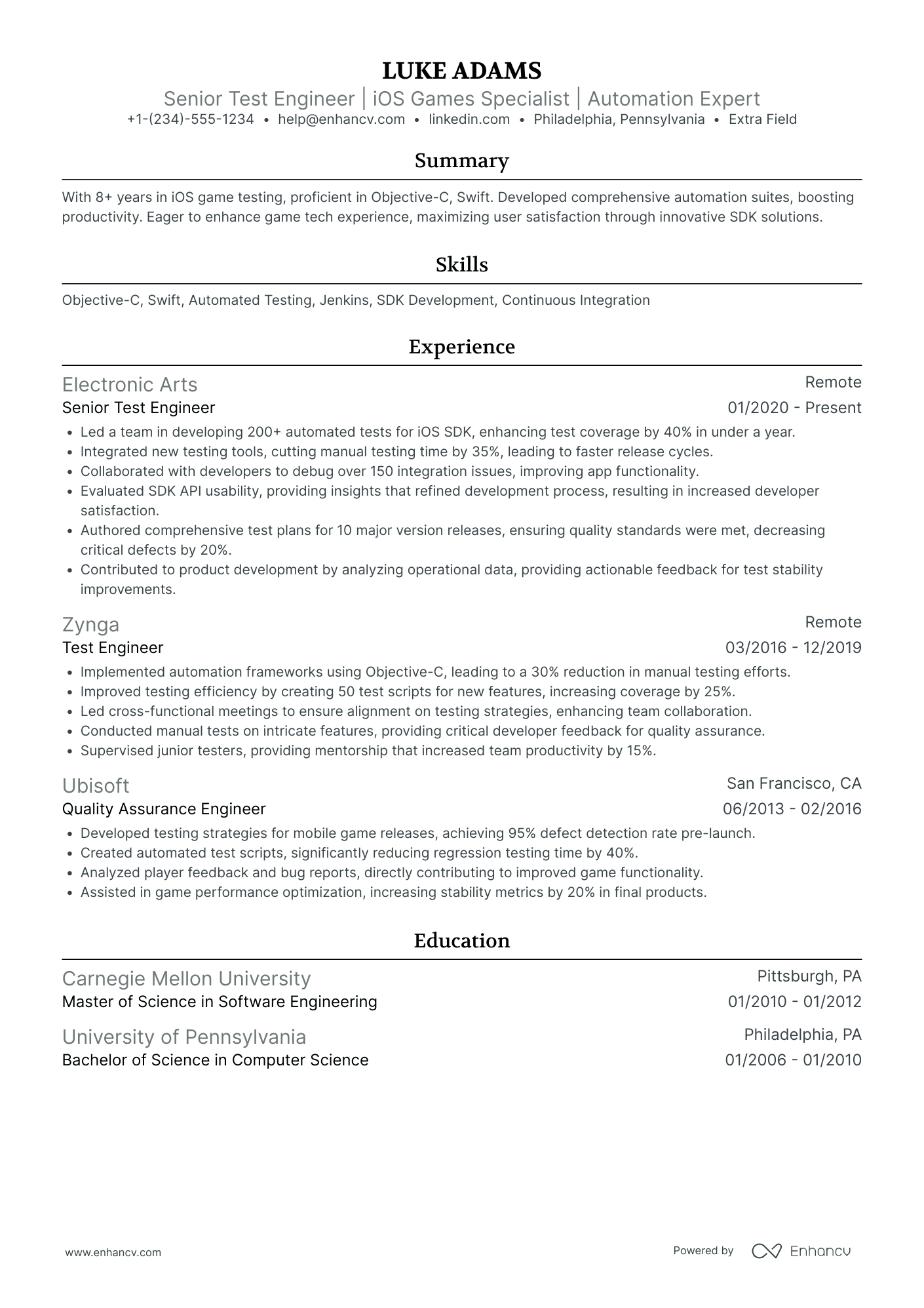 iOS Game Developer Resume Example