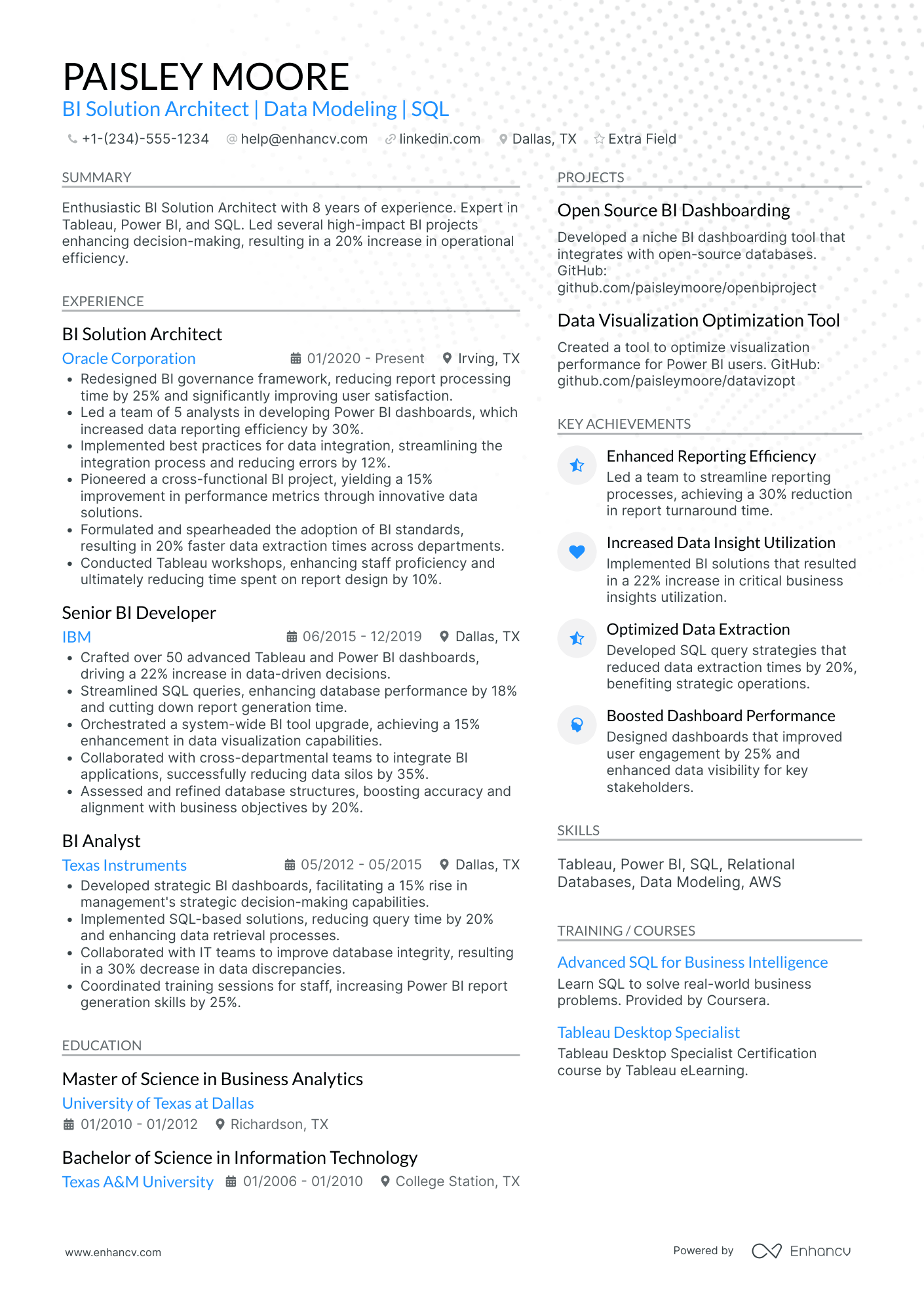 Power BI Solutions Architect Resume Example