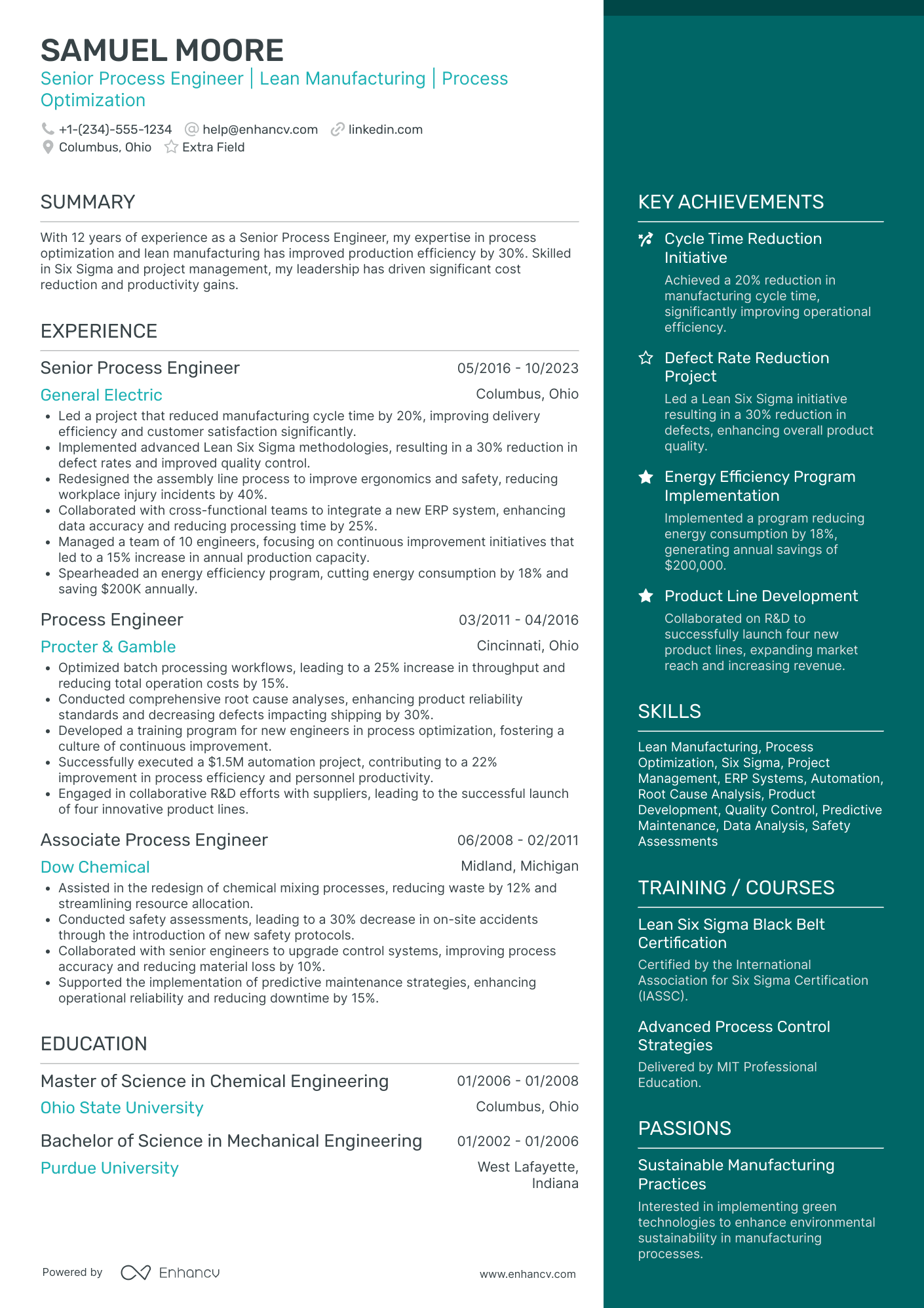 Senior Process Engineer Resume Example