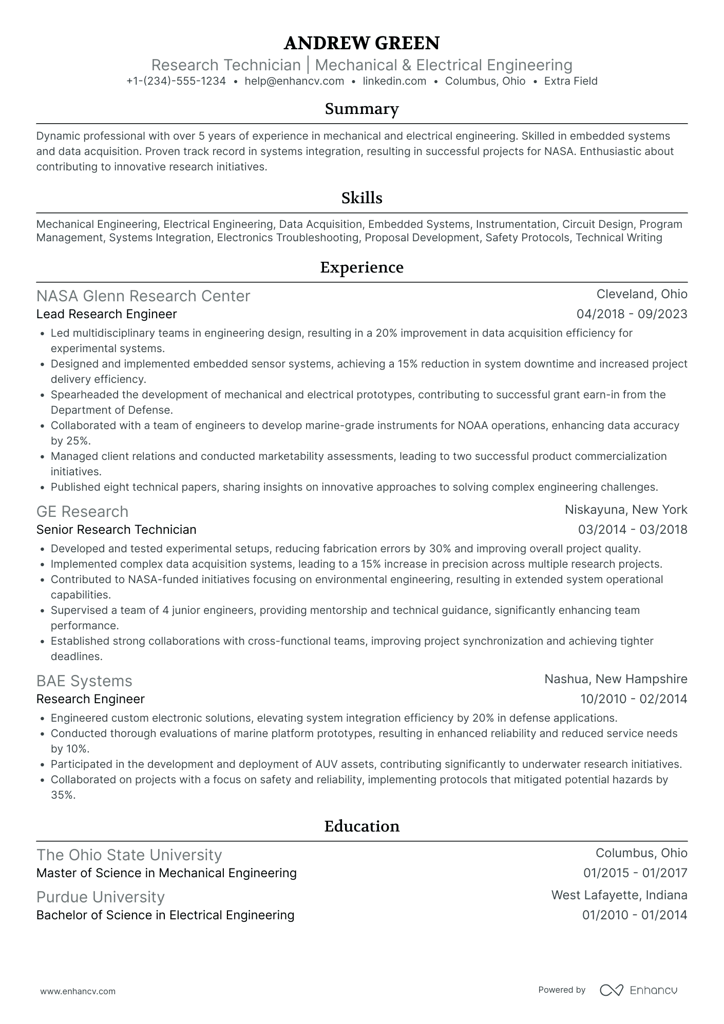 Electrical Engineering Research Assistant Resume Example