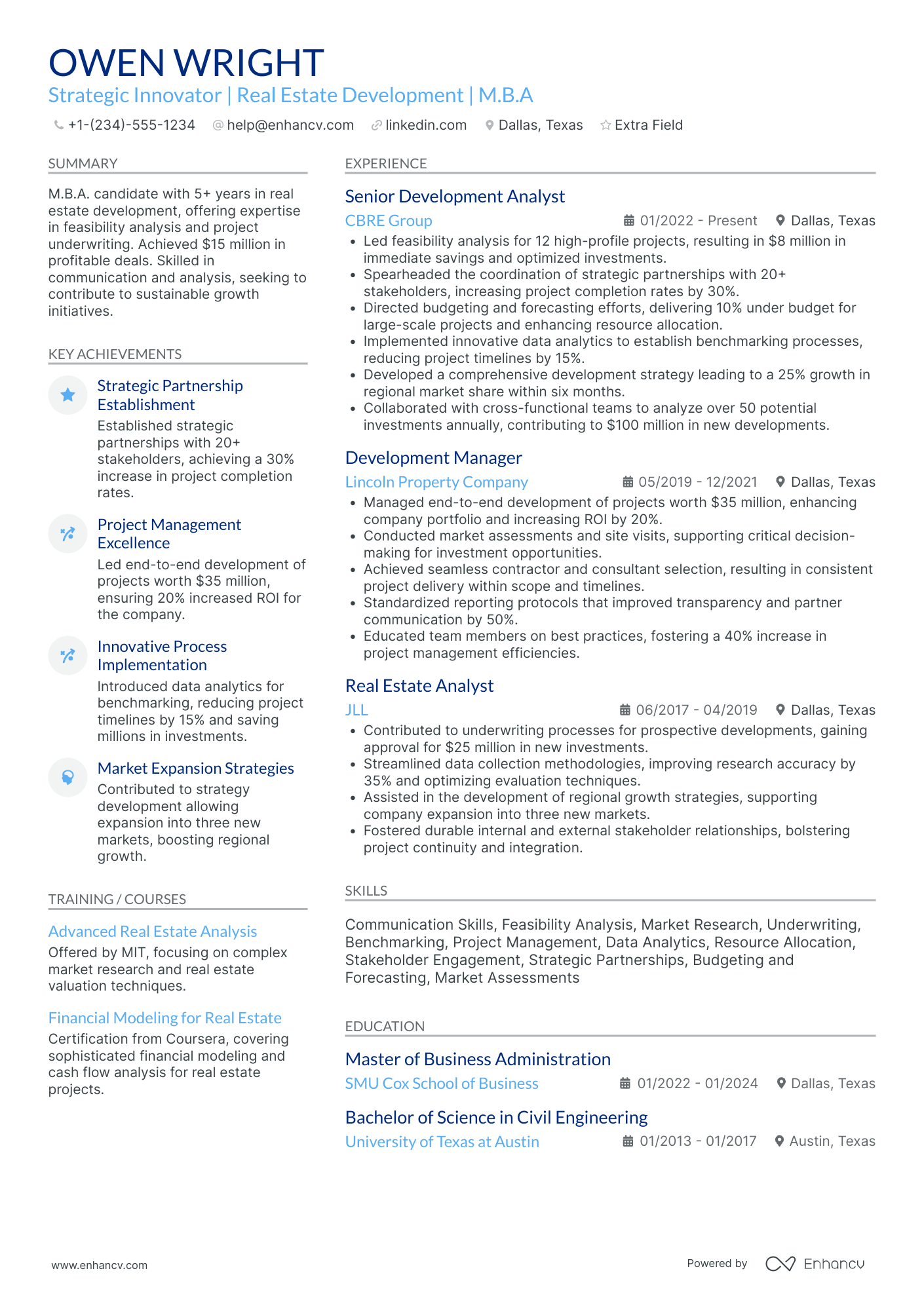 MBA Real Estate Developer Resume Example