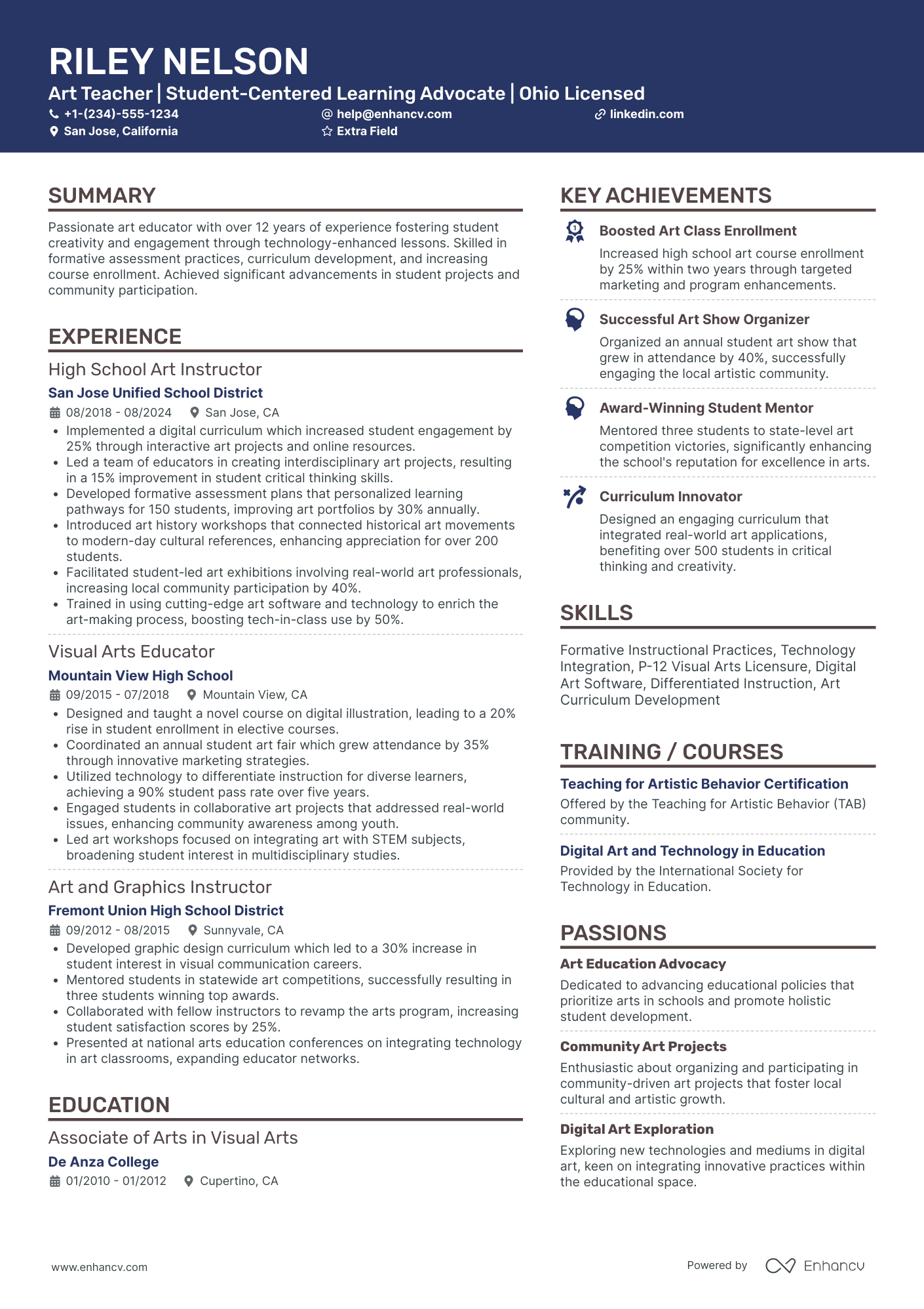 High School Art Teacher Resume Example