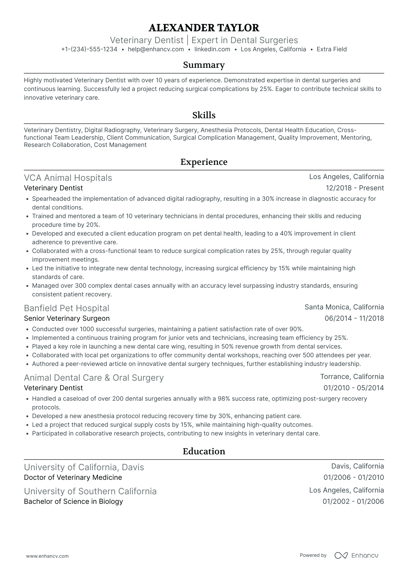 Veterinary Dentist Resume Example