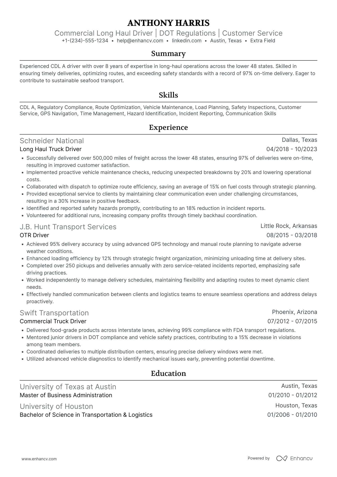 Long Haul Truck Driver Resume Example