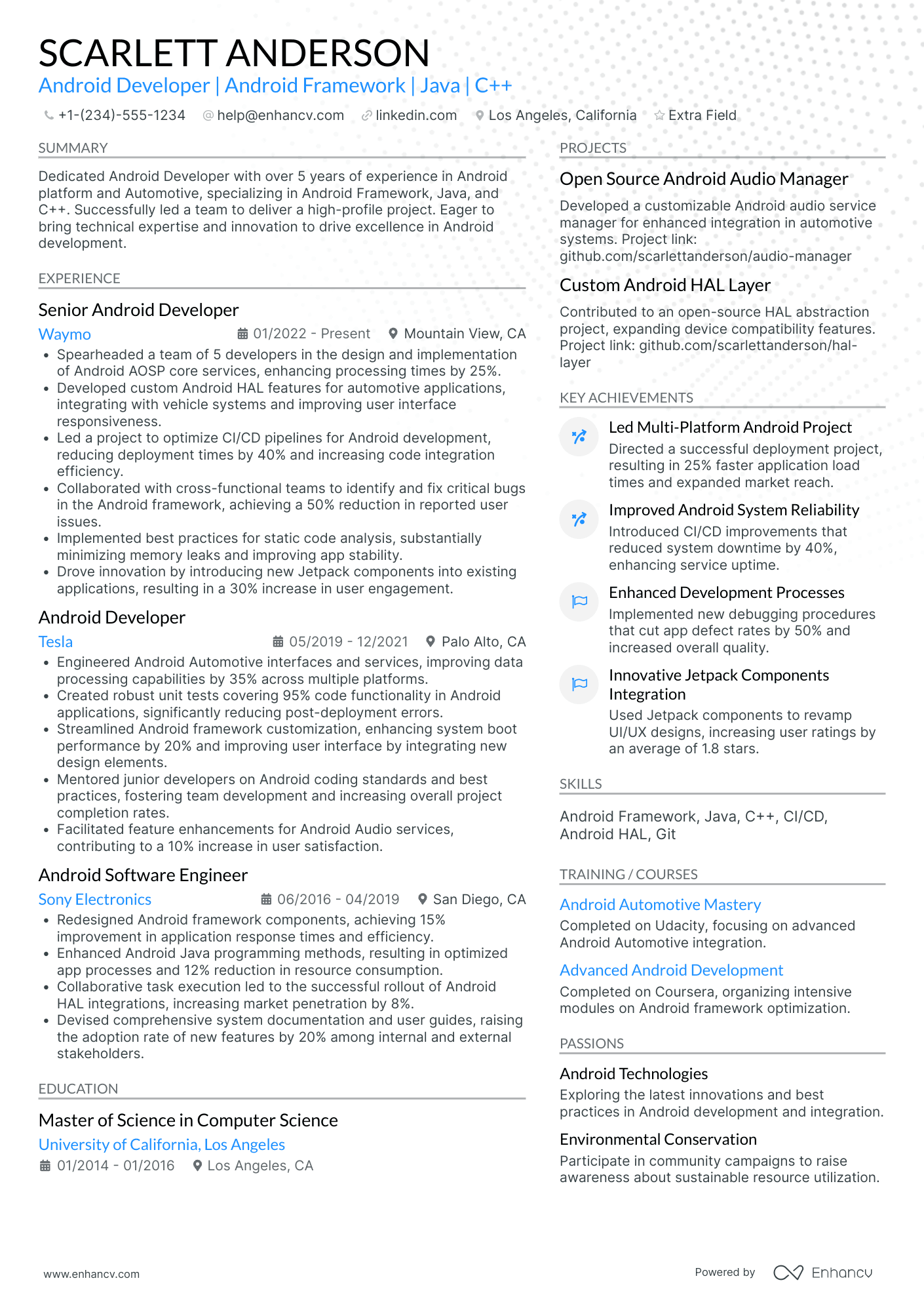 Android Platform Developer Resume Example