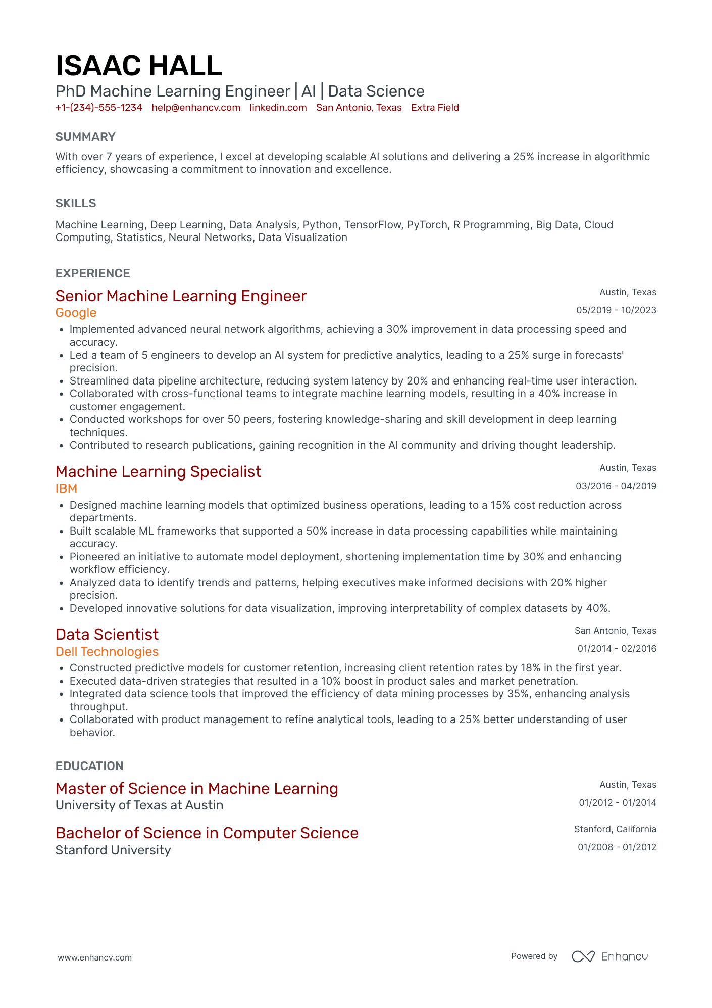 PhD Machine Learning Engineer Resume Example