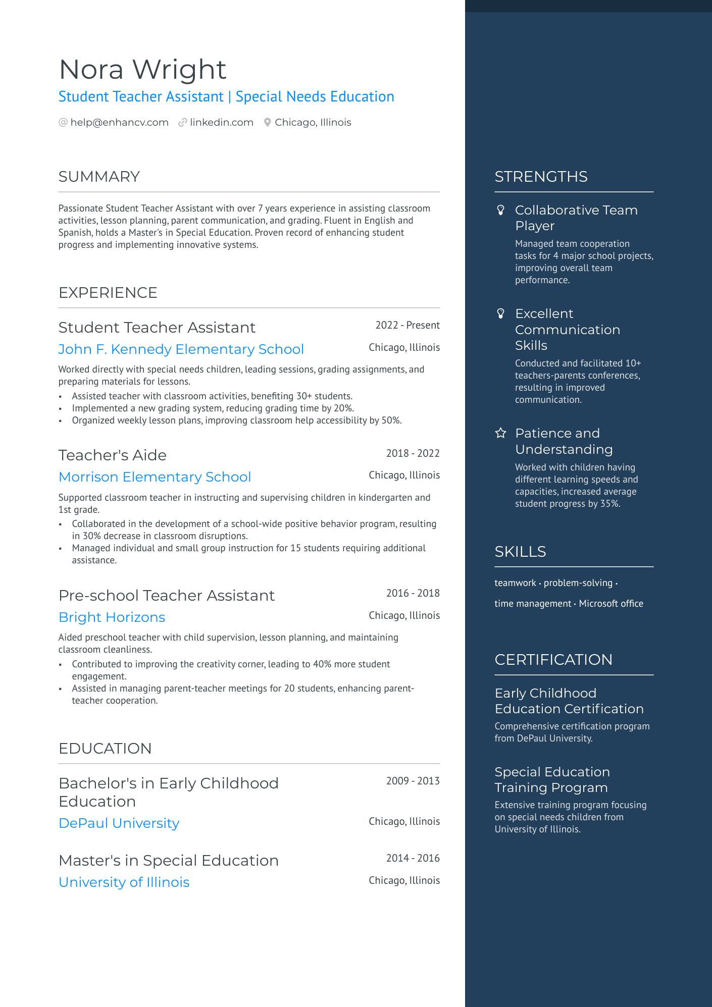 Student Teacher Assissant Resume Example