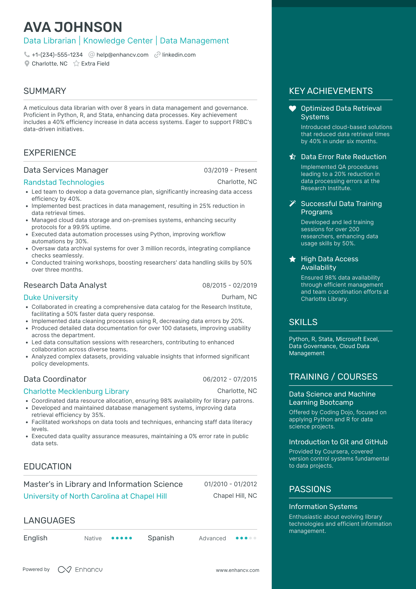 Data Librarian Resume Example